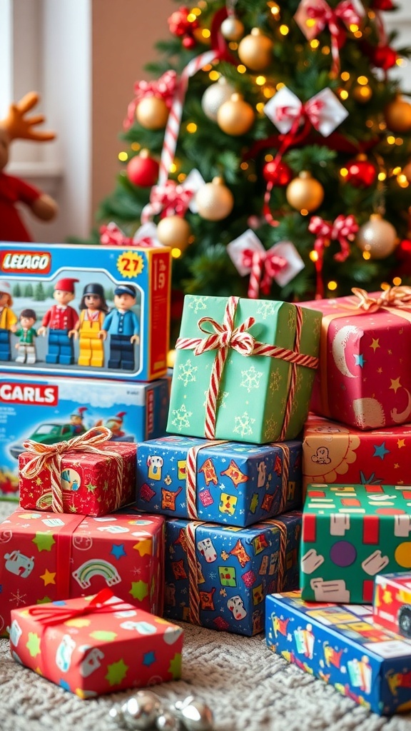 A collection of Christmas gifts for boys aged 8-9, including LEGO, remote control car, and board games, set against a festive backdrop.